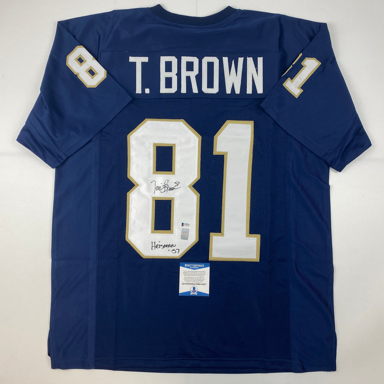 Autographed/Signed Tim Brown Heisman 87 Notre Dame Blue College Football Jersey Beckett BAS COA