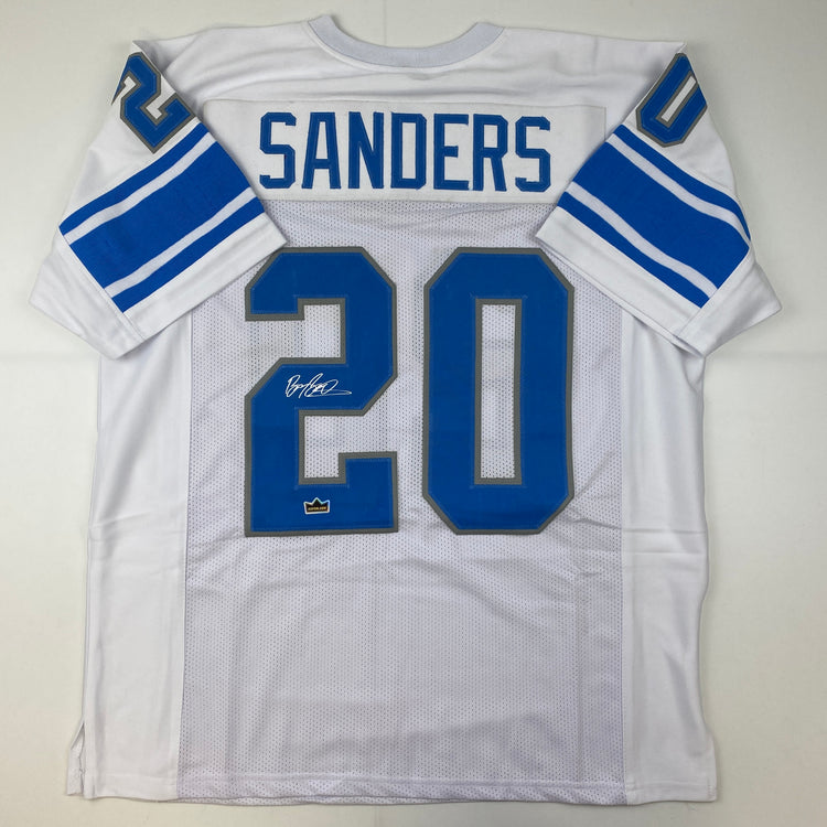 Facsimile Autographed Barry Sanders Detroit White Reprint Laser Auto Football Jersey Size Men's XL