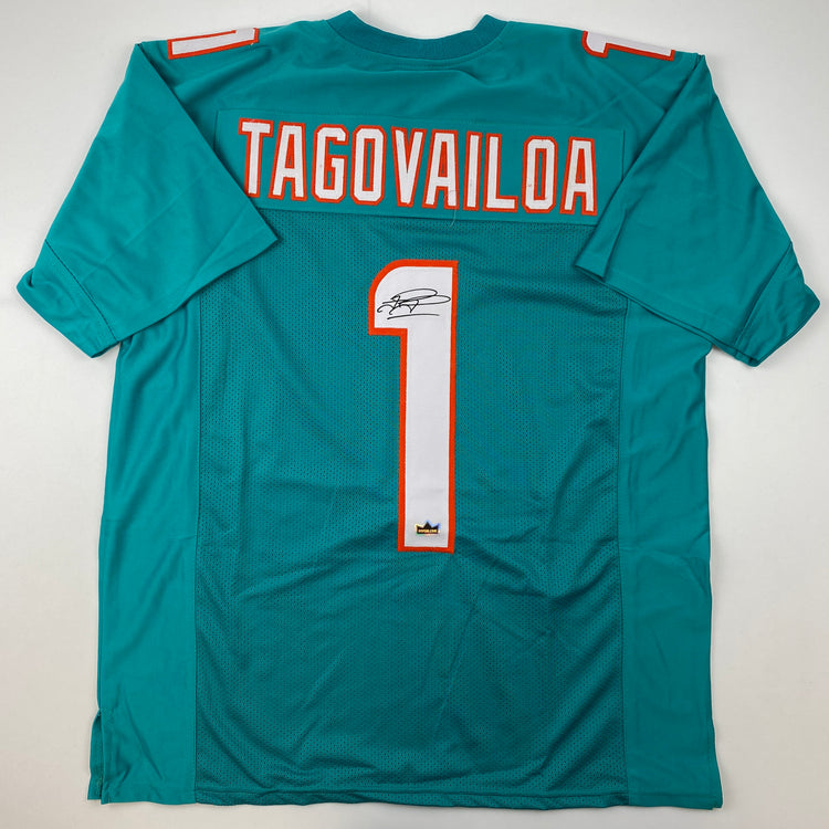 Facsimile Autographed Tua Tagovailoa Miami Teal Reprint Laser Auto Football Jersey Size Men's XL