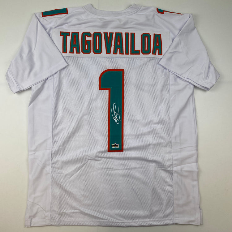 Facsimile Autographed Tua Tagovailoa Miami White Reprint Laser Auto Football Jersey Size Men's XL