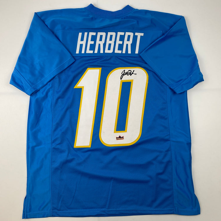Facsimile Autographed Justin Herbert Los Angeles LA Powder Blue Reprint Laser Auto Football Jersey Size Men's XL