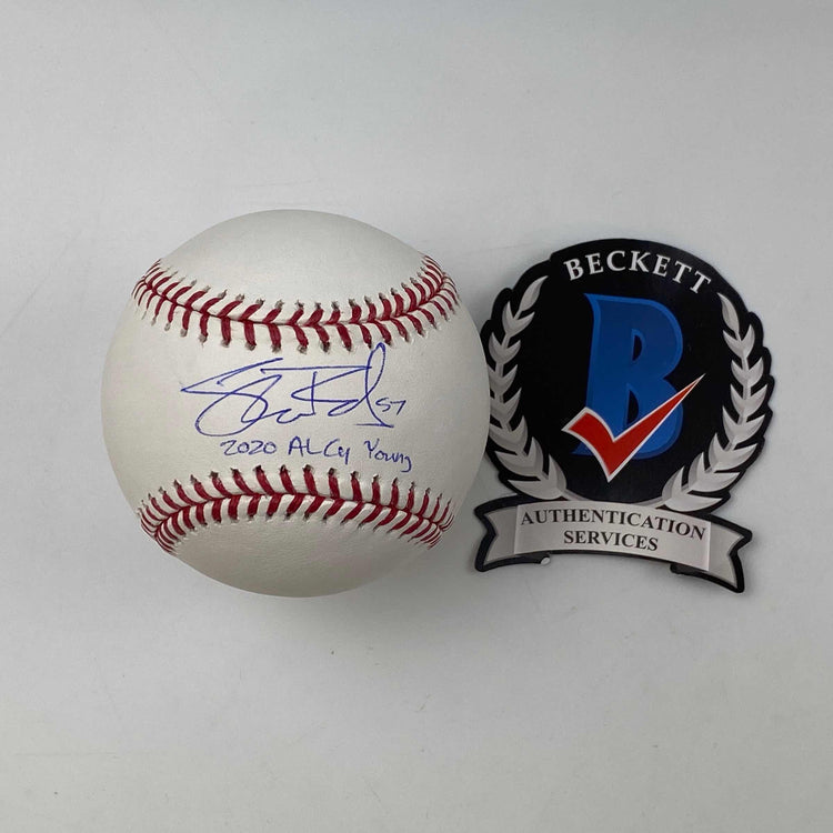 Autographed/Signed Shane Bieber 2020 AL Cy Young Rawlings Official Major League Baseball ROML Beckett BAS COA