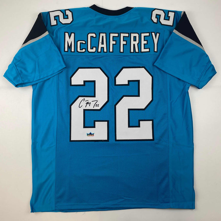 Facsimile Autographed Christian McCaffrey Carolina Blue Reprint Laser Auto Football Jersey Size Men's XL