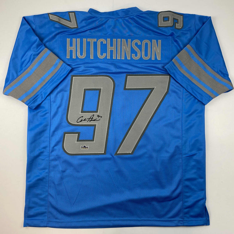 Facsimile Autographed Aidan Hutchinson Detroit Blue Reprint Laser Auto Football Jersey Size Men's XL