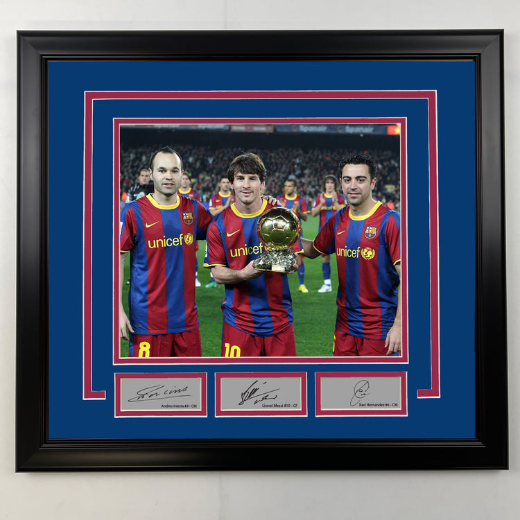 Framed Andres Iniesta, Lionel Messi and Xavi Facsimile Laser Engraved Signatures Barcelona 19x21 Soccer Photo