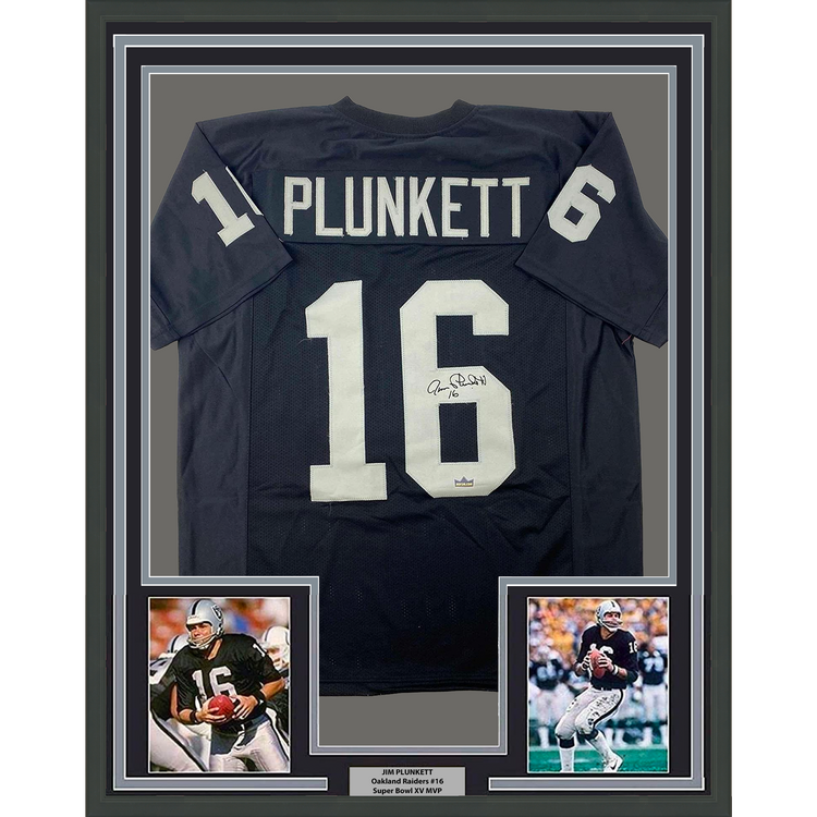 Framed Facsimile Autographed Jim Plunkett 35x39 Oakland Las Vegas Black Reprint Laser Auto Football Jersey