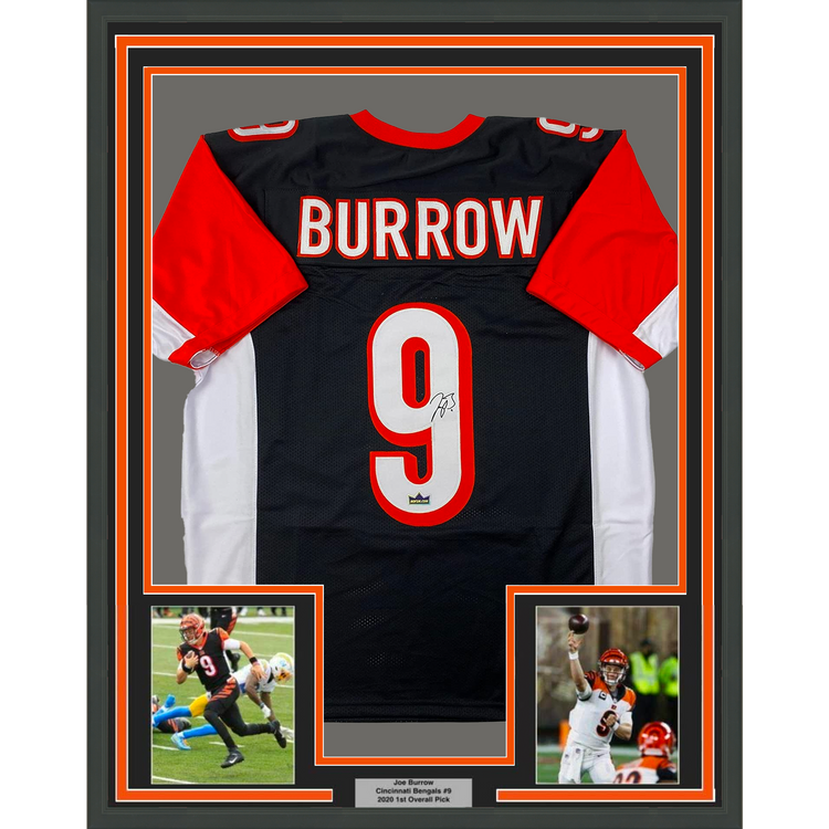 Framed Facsimile Autographed Joe Burrow 35x39 Cincinnati Black Rookie Reprint Laser Auto Football Jersey Size Men's XL