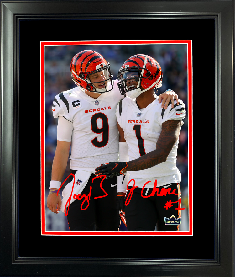 Framed Joe Burrow Ja'Marr Chase Cincinnati Bengals Dual Facsimile Laser Engraved Signature Auto 11"x14" Football Photo HOFSM Holo