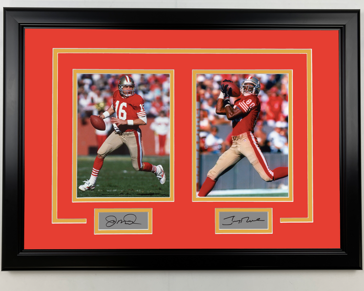 Framed Joe Montana and Jerry Rice Facsimile Laser Engraved Signatures San Francisco 49ers 17x23 Dual Football Photo