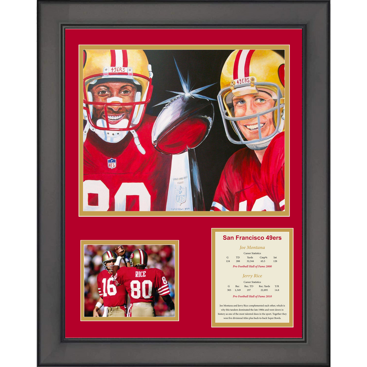 Framed Joe Montana and Jerry Rice San Francisco 49ers Football 11"x14" Three Photo Collage