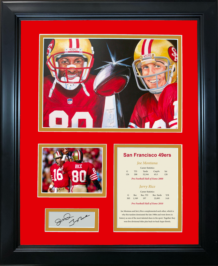 Framed Joe Montana and Jerry Rice Facsimile Laser Engraved Signature Dual Auto San Francisco 49ers 11"x14" Photo Sig Collage