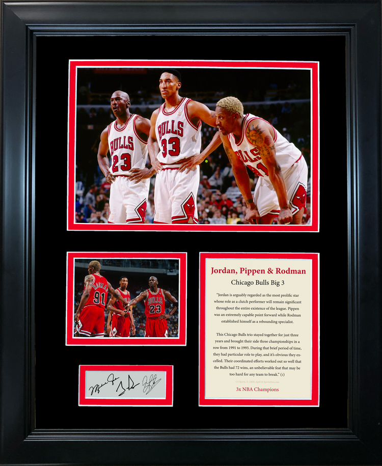 Framed Michael Jordan Scottie Pippen Dennis Rodman Facsimile Laser Engraved Signature Auto Chicago Bulls Basketball 11"x14" Photo Sig Collage