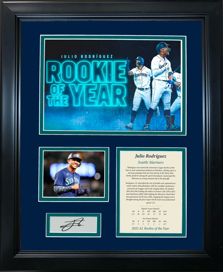 Framed Julio Rodriguez AL Rookie of the Year 2022 Facsimile Laser Engraved Signature Auto Seattle Mariners 11"x14" Baseball Photo Sig Collage