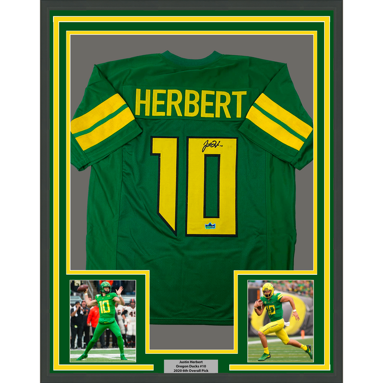 Framed Facsimile Autographed Justin Herbert 35x39 Oregon Green Reprint Laser Auto College Football Jersey Size Men's XL