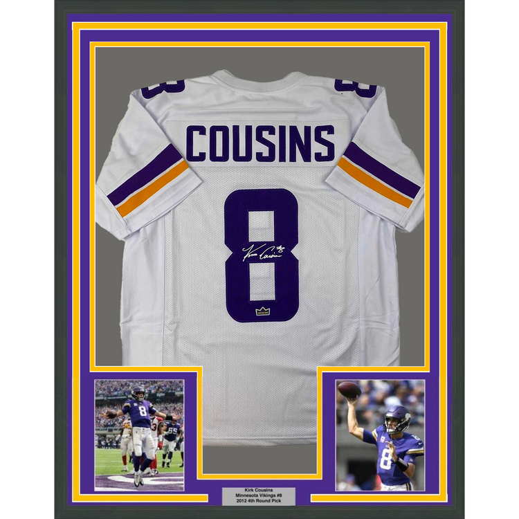 Framed Facsimile Autographed Kirk Cousins 35x39 Minnesota White Reprint Laser Auto Football Jersey Size Men's XL