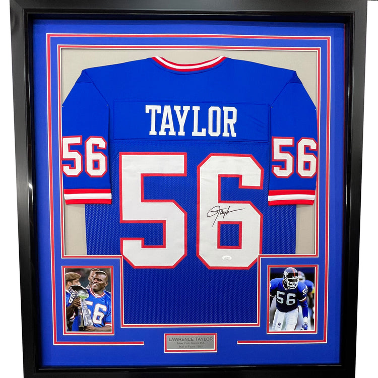 Framed Autographed/Signed Lawrence Taylor 35x39 New York Blue Football Jersey JSA COA