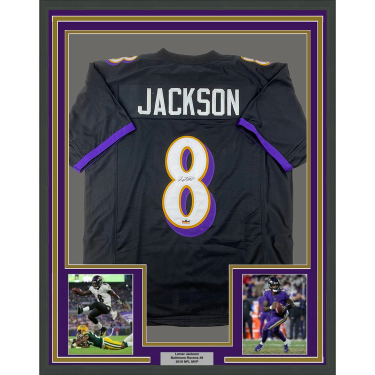 Framed Facsimile Autographed Lamar Jackson 35x39 Baltimore Black Reprint Laser Auto Football Jersey Size Men's XL