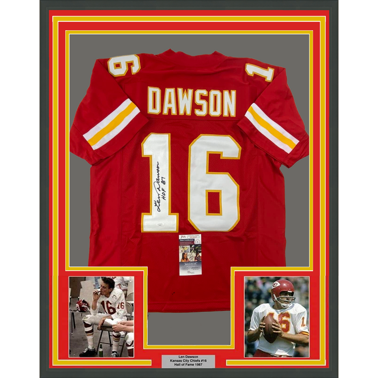 Framed Facsimile Autographed Len Dawson 35x39 Kansas City Red Reprint Laser Auto Football Jersey