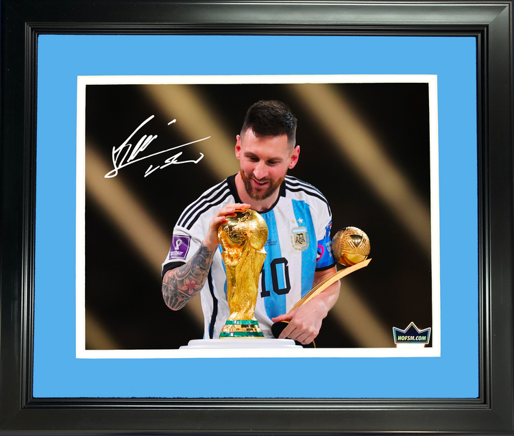 Framed Lionel Messi Argentina World Cup Champions Facsimile Laser Engraved Signature Auto 11"x14" Soccer Photo HOFSM Holo