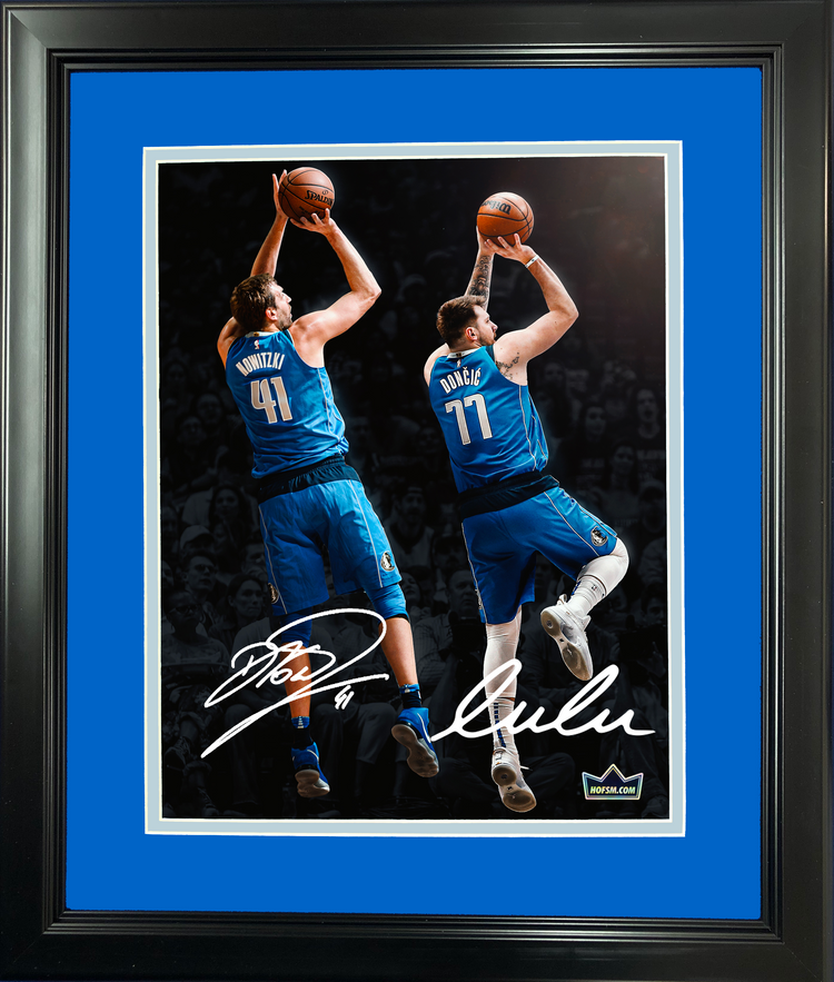 Framed Luka Doncic Dirk Nowitzki Dallas Mavericks Dual Facsimile Laser Engraved Signature Auto 11"x14" Basketball Photo HOFSM Holo