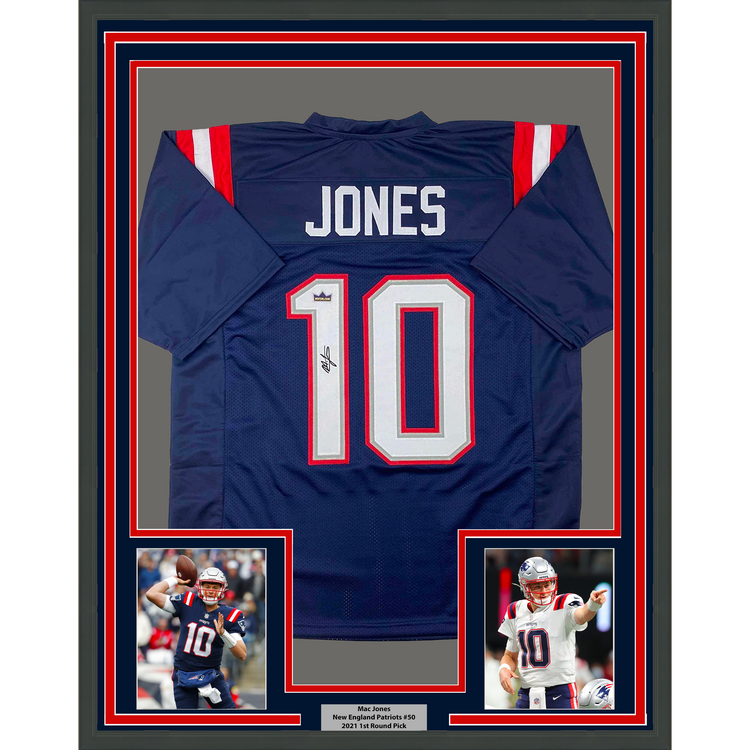 Framed Facsimile Autographed Mac Jones 35x39 New England Blue Reprint Laser Auto Football Jersey