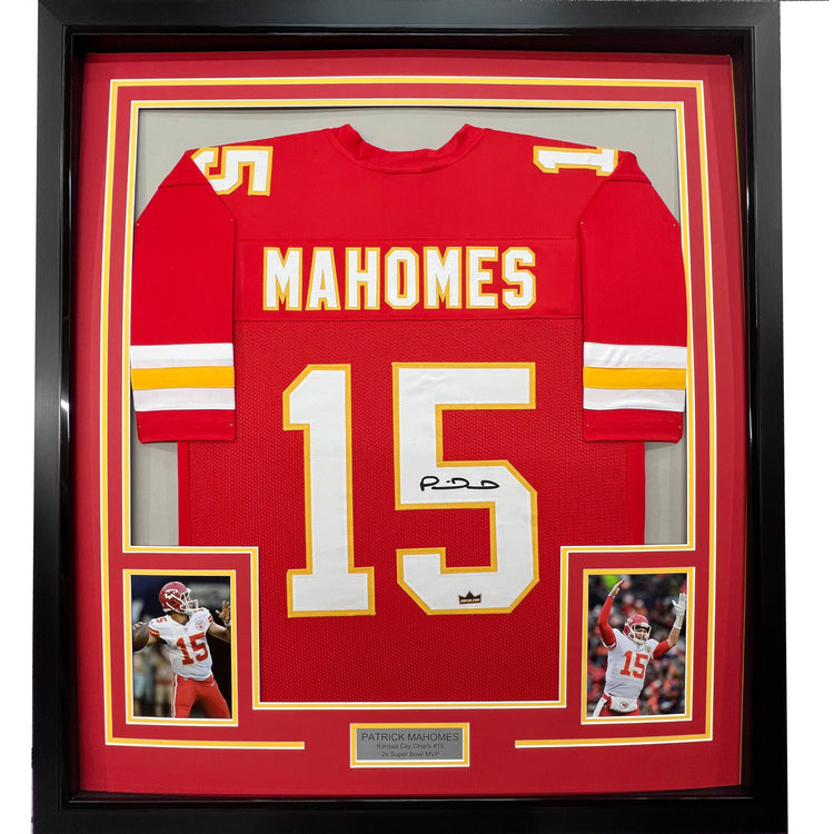 Framed Facsimile Autographed Patrick Mahomes 35x39 Kansas City Red Reprint Laser Auto Football Jersey Size Men's XL