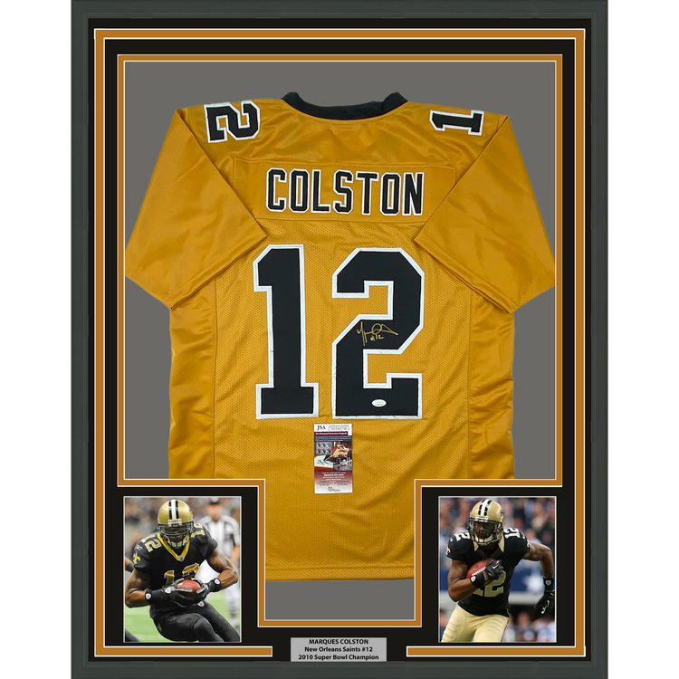 Framed Autographed/Signed Marques Colston 35x39 New Orleans Gold Football Jersey JSA COA