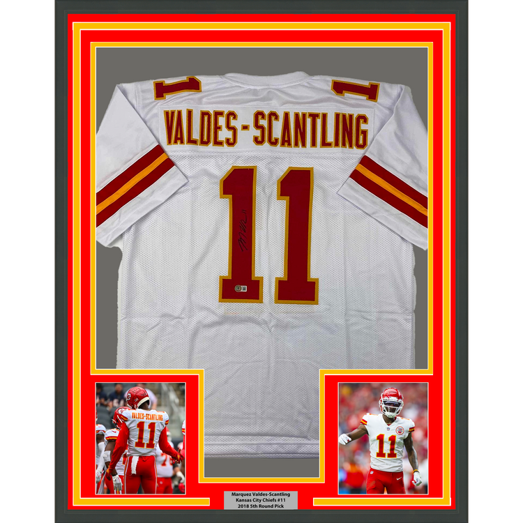 Framed Autographed/Signed Marquez Valdes-Scantling 35x39 Kansas City White Football Jersey Beckett BAS COA