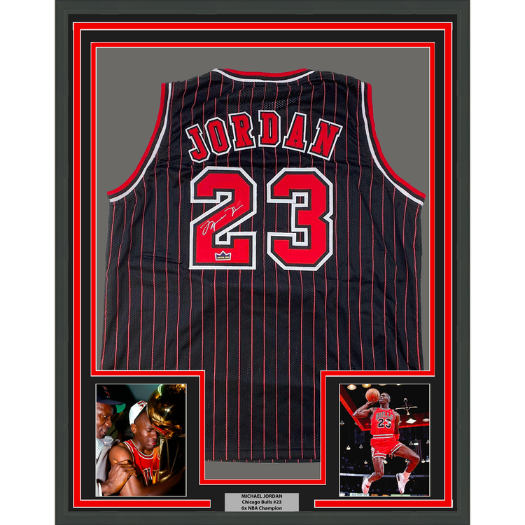 Framed Facsimile Autographed Michael Jordan 35x39 Chicago Black Pinstripe Reprint Laser Auto Basketball Jersey