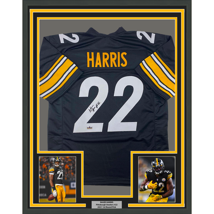 Framed Facsimile Autographed Najee Harris 35x39 Pittsburgh Black Reprint Laser Auto Football Jersey