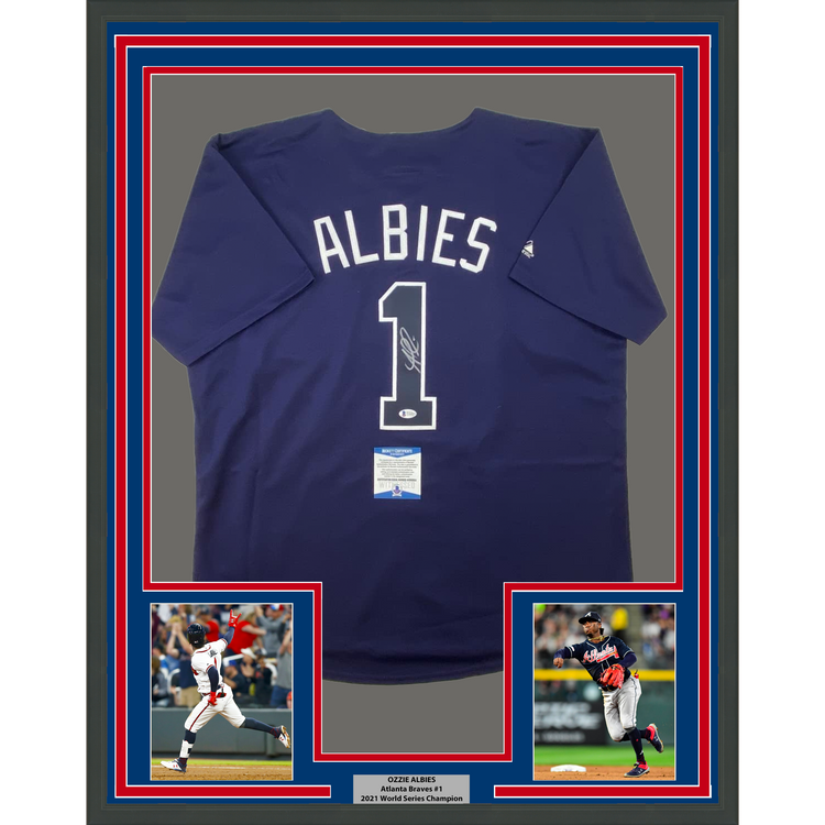 Framed Autographed/Signed Ozzie Albies 35x39 Atlanta Braves Blue Majestic Baseball Jersey Beckett BAS COA