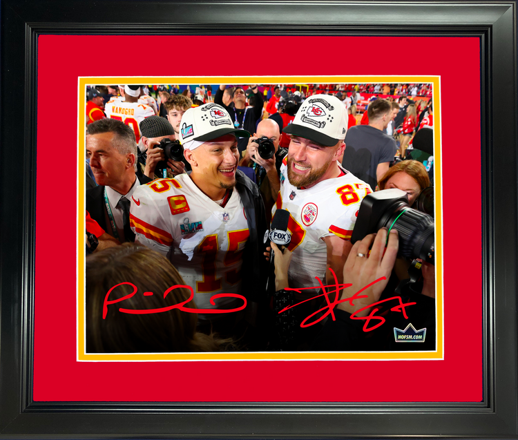 Framed Patrick Mahomes & Travis Kelce Kansas City Chiefs Dual Facsimile Laser Engraved Signature Auto 11"x14" Football Photo HOFSM Holo
