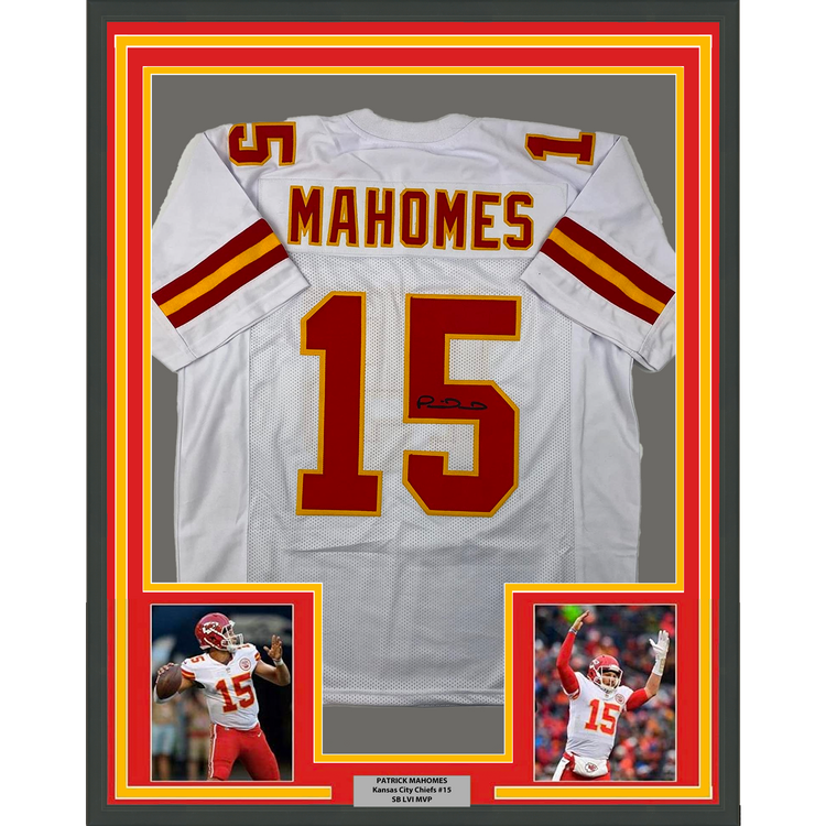 Framed Facsimile Autographed Patrick Mahomes 35x39 Kansas City White Reprint Laser Auto Football Jersey Size Men's XL