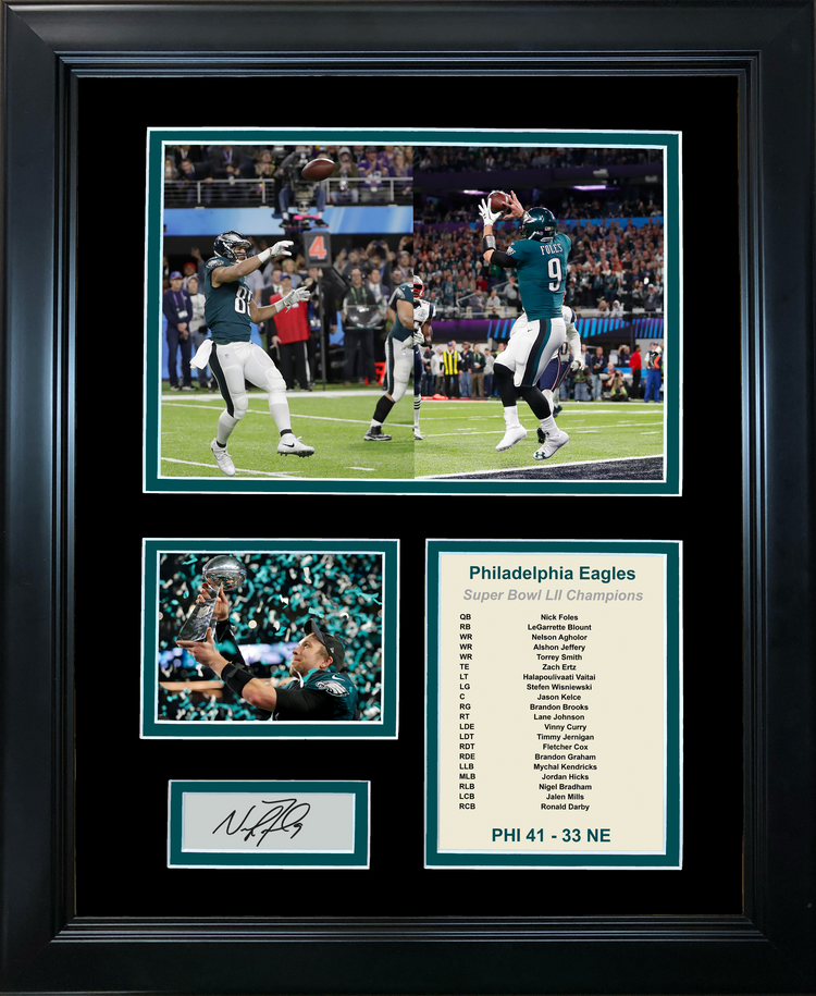 Framed Philadelphia Eagles Super Bowl LII Champions Nick Foles Facsimile Laser Engraved Signature Auto Football 11"x14" Photo Sig Collage