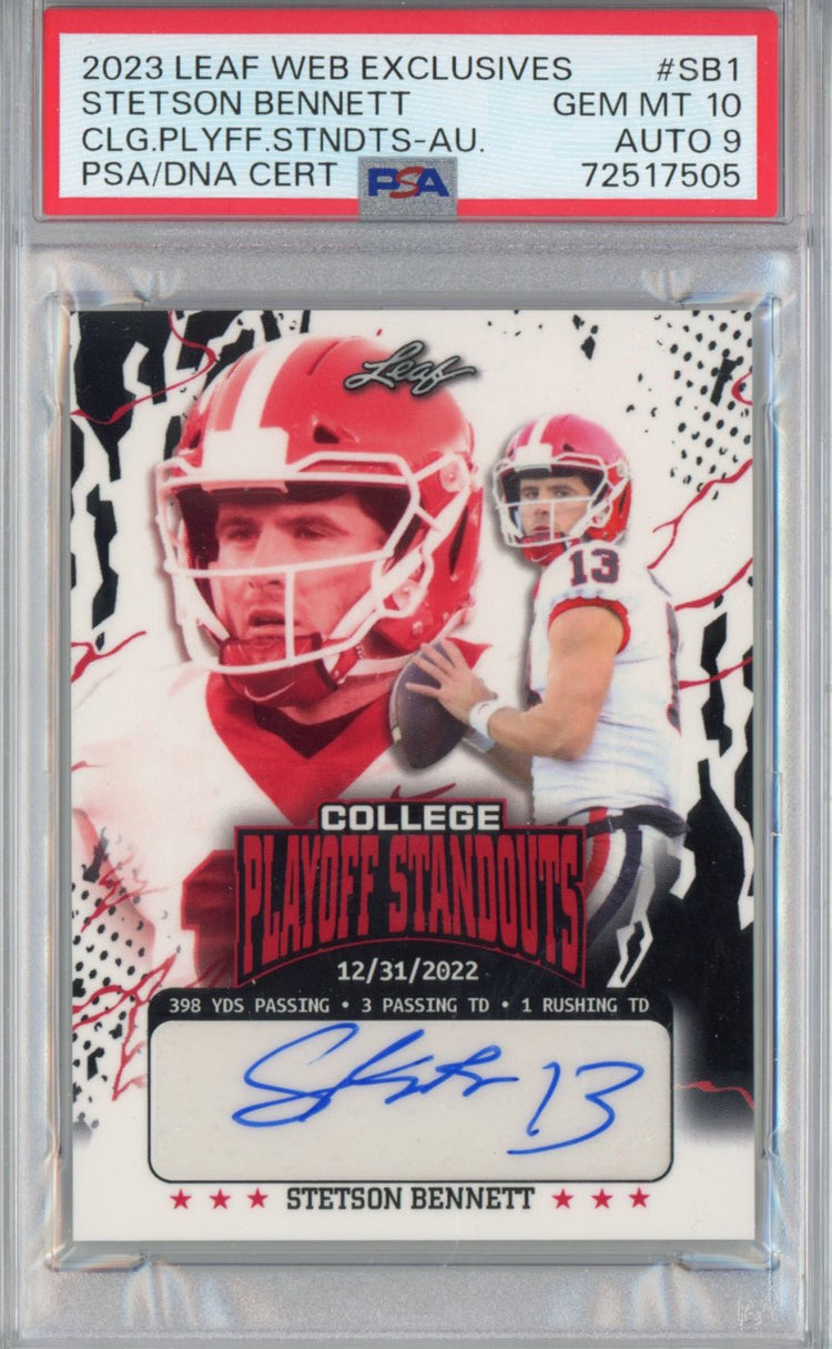 Graded 2023 Leaf College Playoff Standouts Stetson Bennett #SB1 Autographed #/274 Rookie RC Football Card PSA/DNA 10 Gem Mint Auto Grade 9
