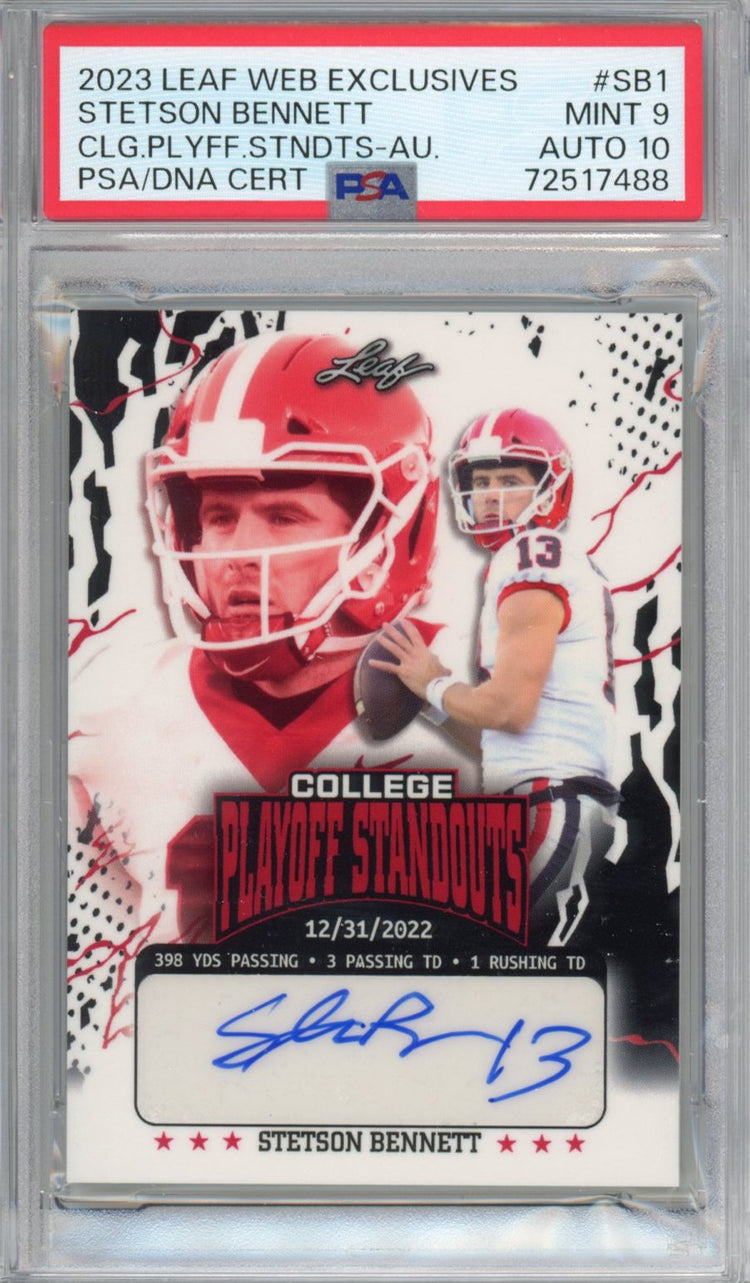 Graded 2023 Leaf College Playoff Standouts Stetson Bennett #SB1 Autographed #/274 Rookie RC Football Card PSA/DNA 9 Mint Auto Grade 10
