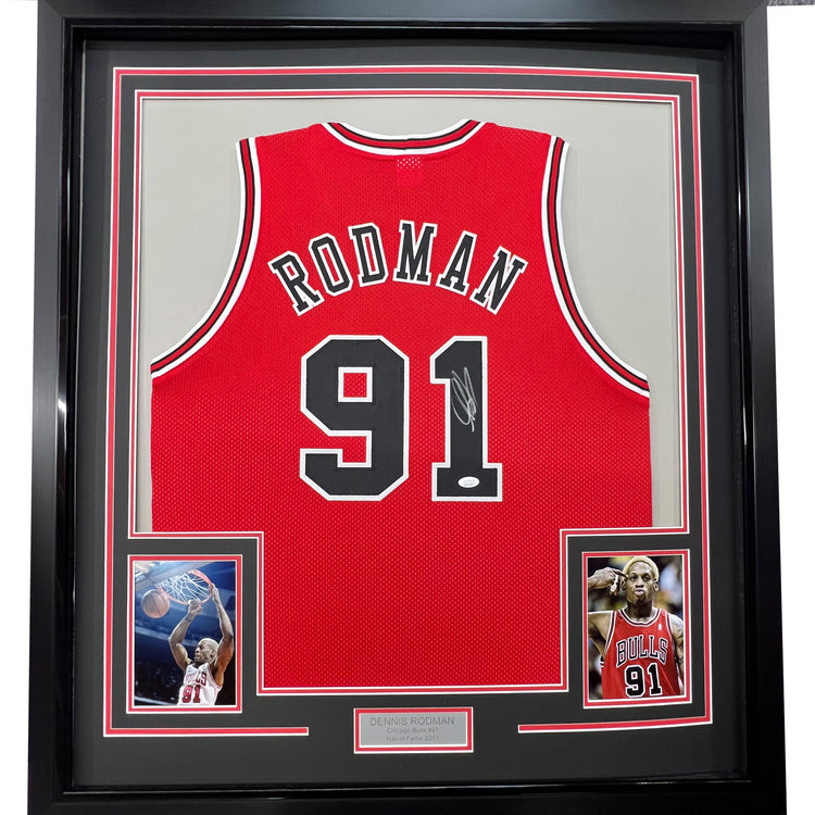 Framed Autographed/Signed Dennis Rodman 35x39 Chicago Red Basketball Jersey JSA COA