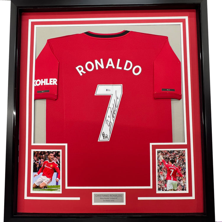 Framed Autographed/Signed Cristiano Ronaldo 35x39 Manchester United Red Soccer Futbol Jersey Beckett BAS COA