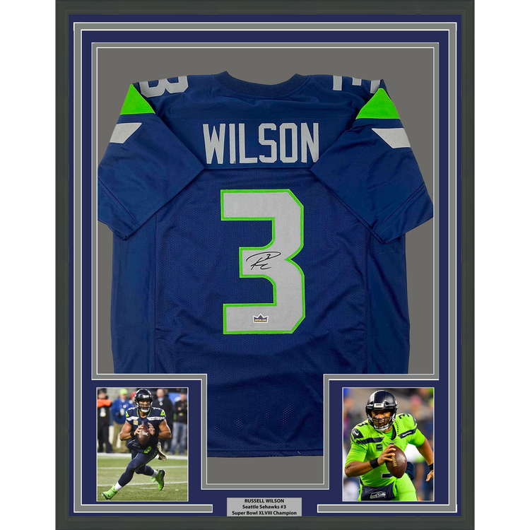 Framed Facsimile Autographed Russell Wilson 35x39 Seattle Blue Reprint Laser Auto Football Jersey