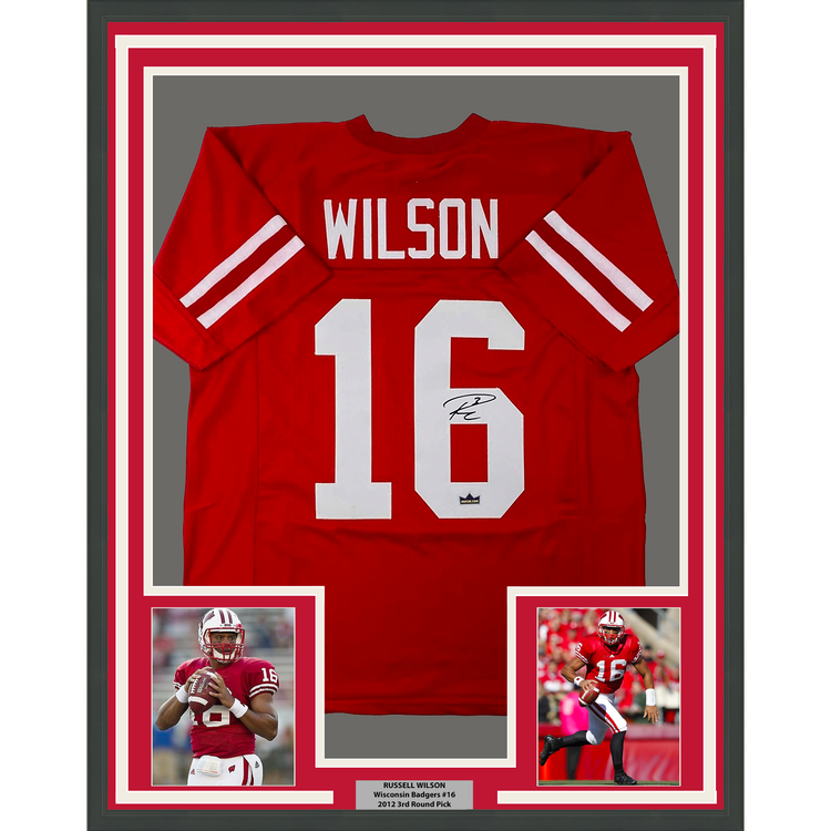 Framed Facsimile Autographed Russell Wilson 35x39 Wisconsin Red Reprint Laser Auto College Football Jersey