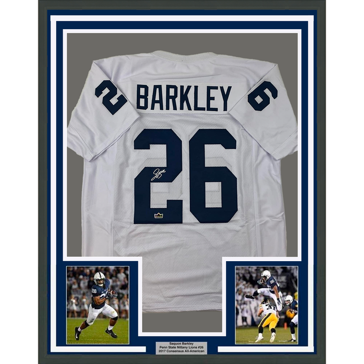 Framed Facsimile Autographed Saquon Barkley 35x39 Penn State White Reprint Laser Auto College Football Jersey