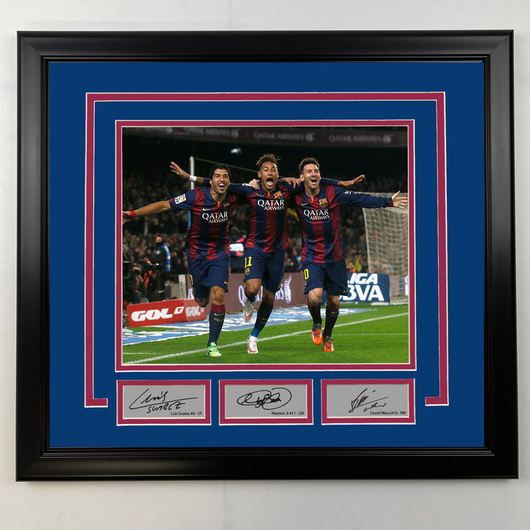 Framed Luis Suarez, Neymar Jr. and Lionel Messi Facsimile Laser Engraved Signatures Barcelona 19x21 Soccer Photo