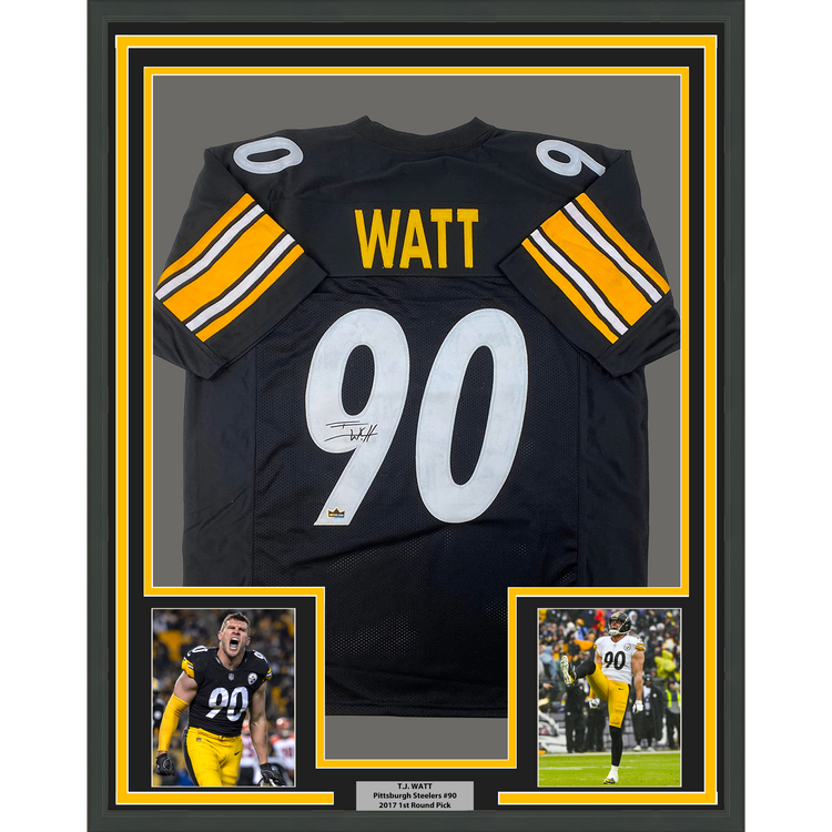 Framed Facsimile Autographed T.J. TJ Watt 35x39 Pittsburgh Black Reprint Laser Auto Football Jersey Size Men's XL