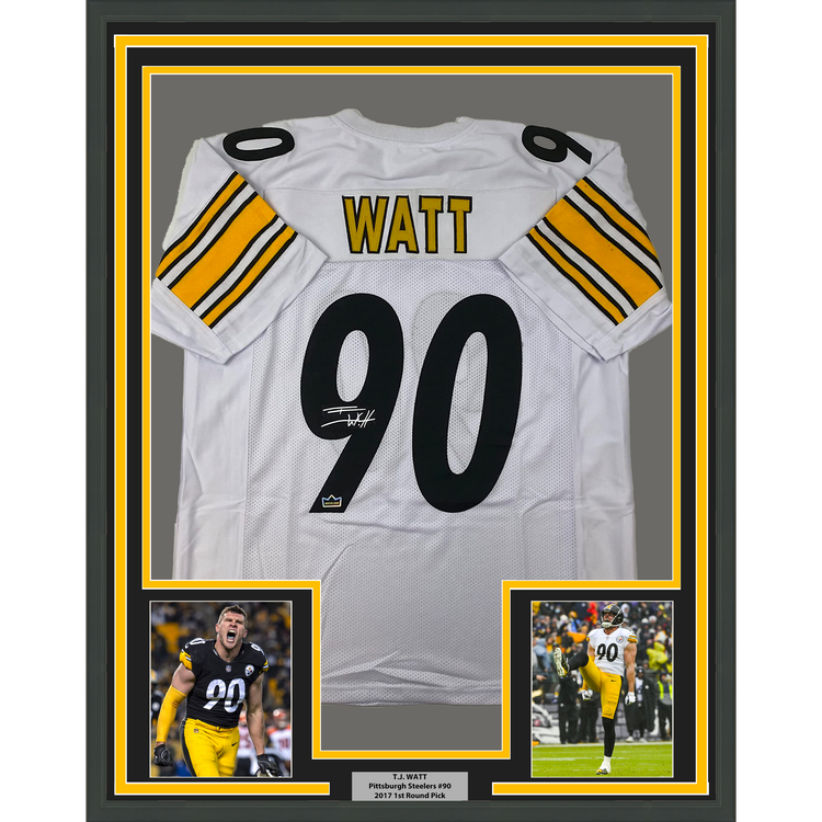 Framed Facsimile Autographed T.J. TJ Watt 35x39 Pittsburgh White Reprint Laser Auto Football Jersey Size Men's XL