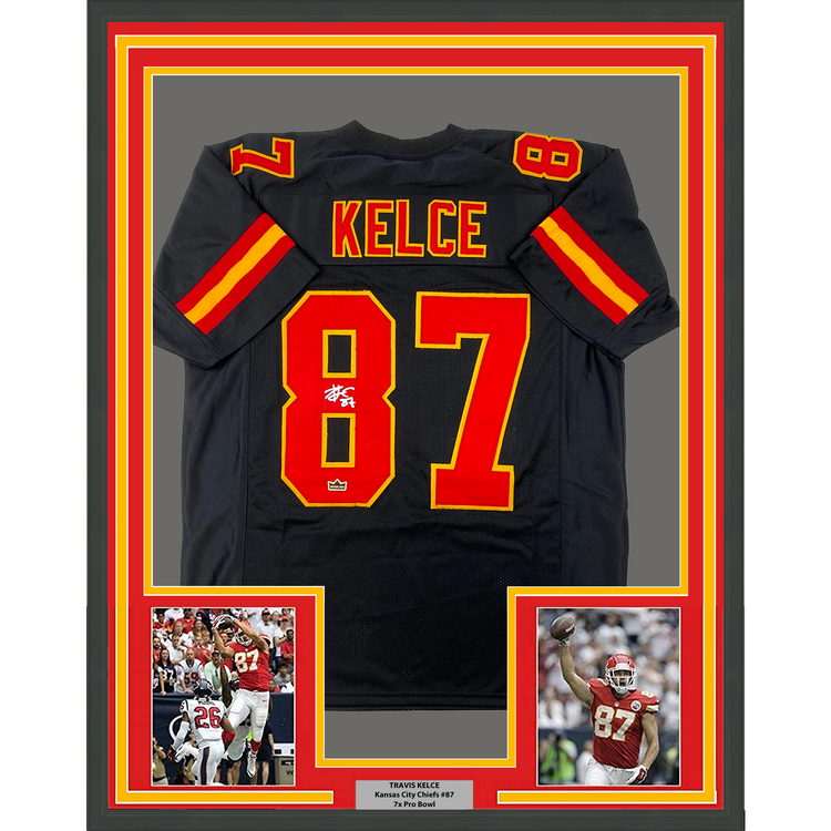Framed Facsimile Autographed Travis Kelce 35x39 Kansas City Black Reprint Laser Auto Football Jersey Size Men's XL
