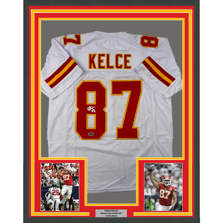 Framed Facsimile Autographed Travis Kelce 35x39 Kansas City White Reprint Laser Auto Football Jersey Size Men's XL