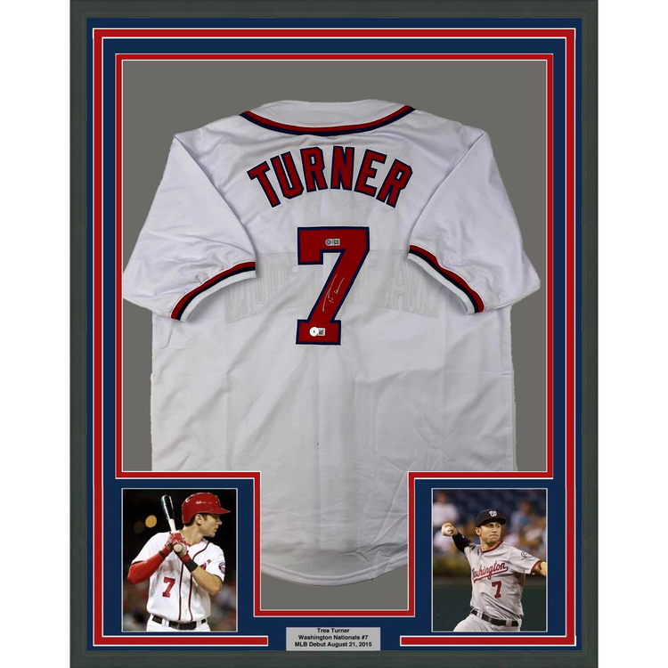 Framed Autographed/Signed Trea Turner 35x39 Washington White Baseball Jersey Beckett BAS COA