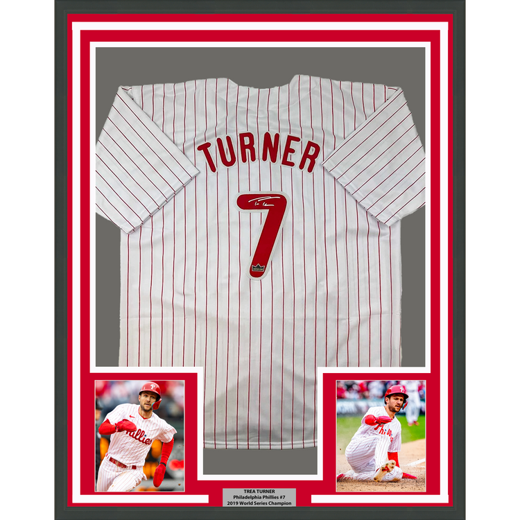 Framed Facsimile Autographed Trea Turner 35x39 Philadelphia Pinstripe Reprint Laser Auto Baseball Jersey