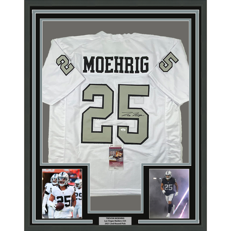 Framed Autographed/Signed Trevon Moehrig 35x39 Las Vegas Oakland White Color Rush Football Jersey JSA COA