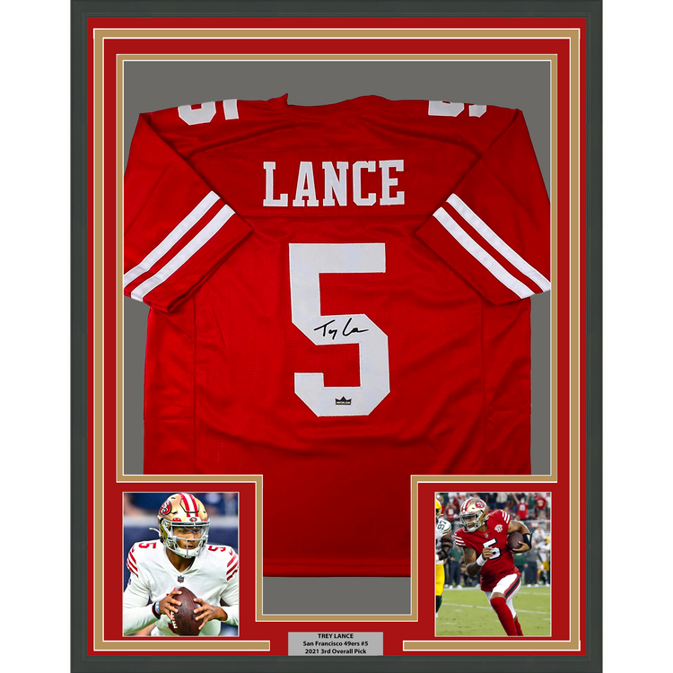 Framed Facsimile Autographed Trey Lance 35x39 San Francisco Red Reprint Laser Auto Football Jersey